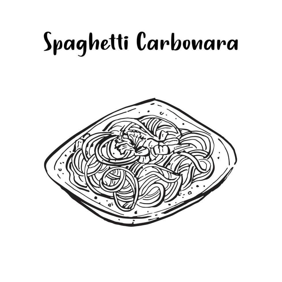 spaghetti carbonara, croquis noir et blanc vecteur