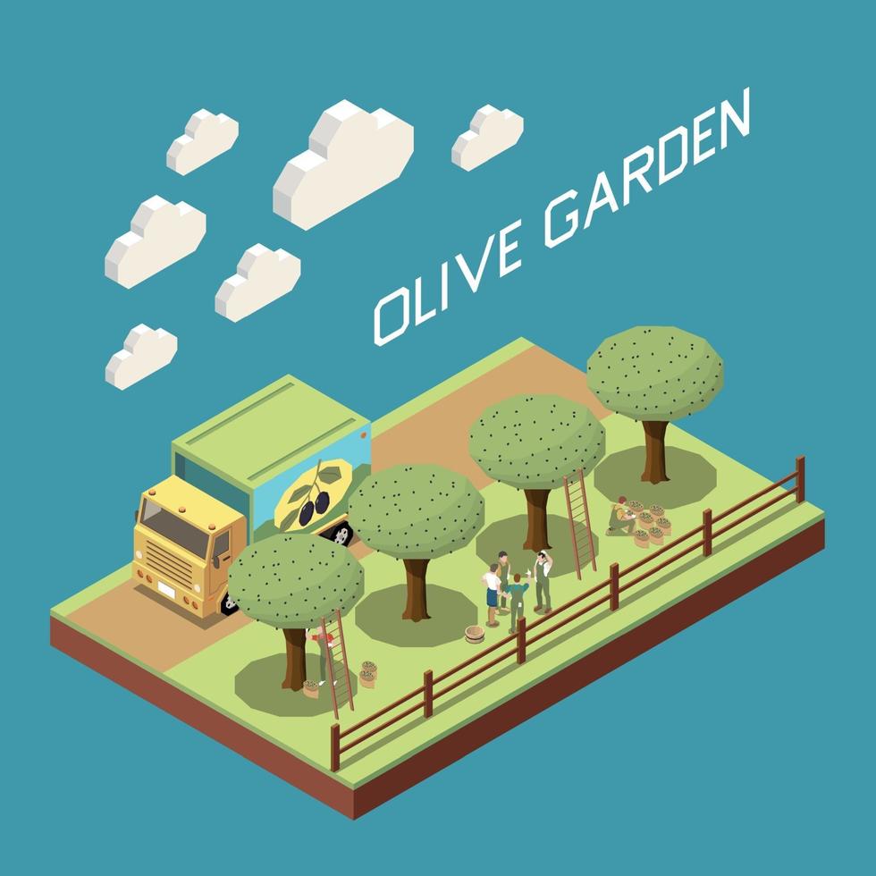 composition isométrique du jardin d'oliviers vecteur