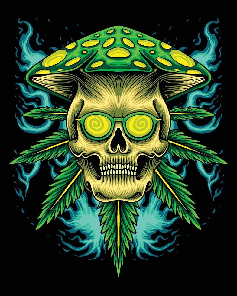 crâne de marijuana avec tête de champignon vecteur