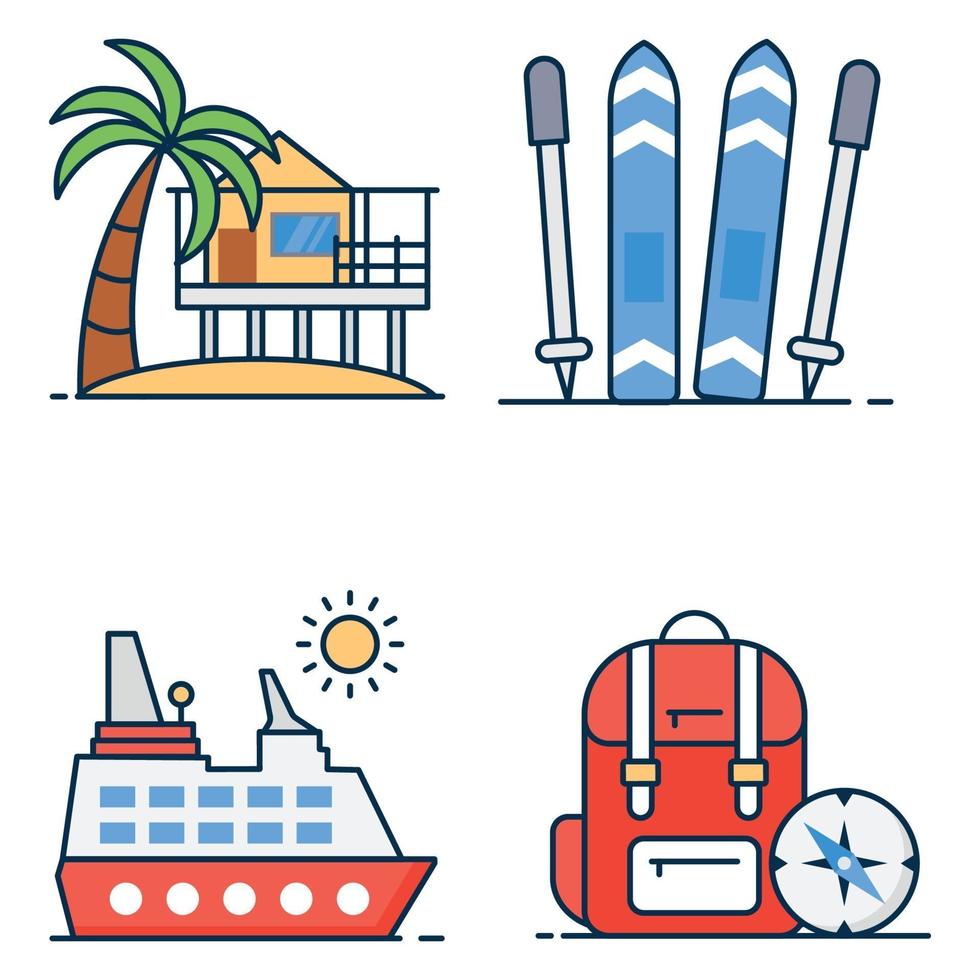 ensembles d'icônes de ligne colorée aventure hôtel de voyage vecteur