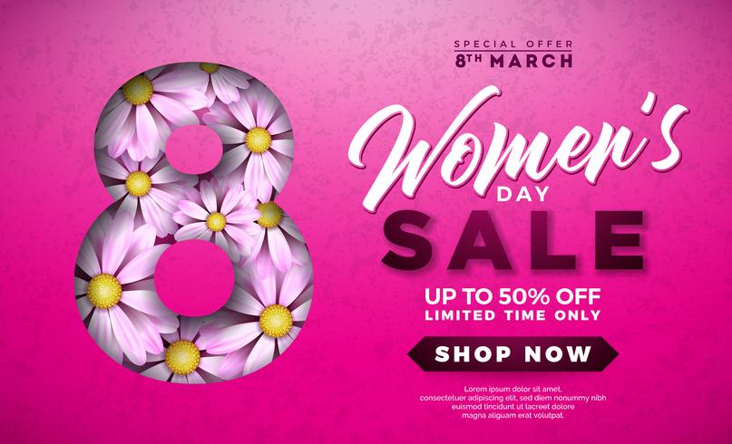 Womens Day Sale design avec belle fleur colorée sur fond rose. vecteur