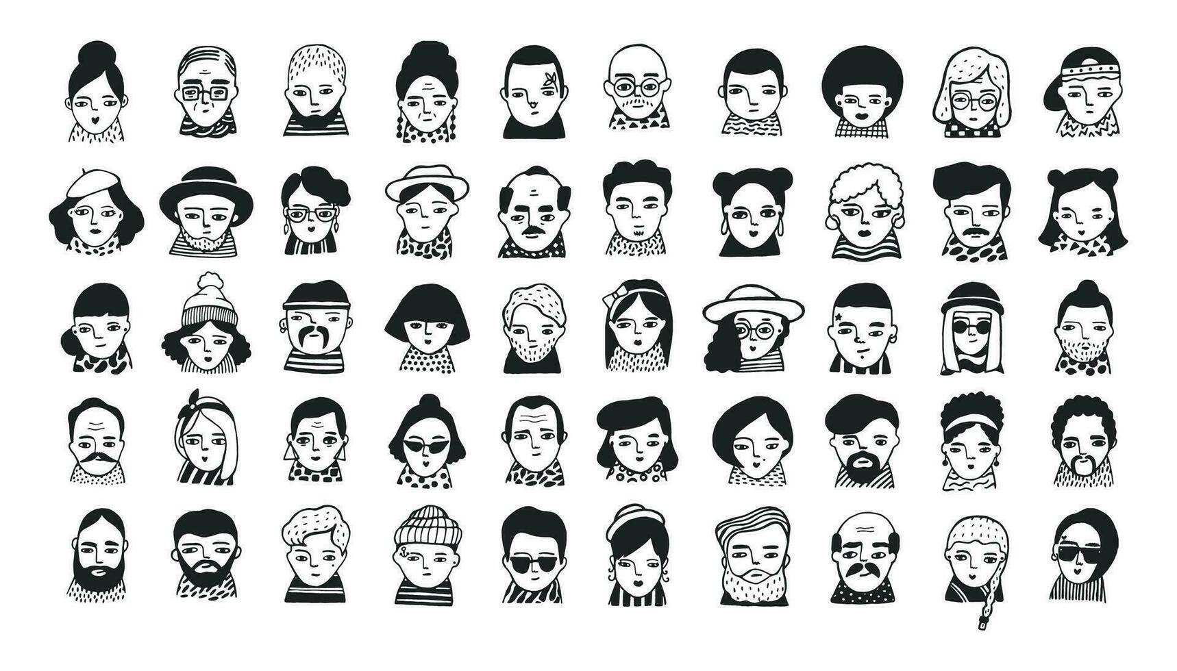 gros ensemble de gens avatars pour social médias, site Internet. griffonnage portraits à la mode les filles et gars. branché main tiré Icônes collection. noir et blanc vecteur illustration.