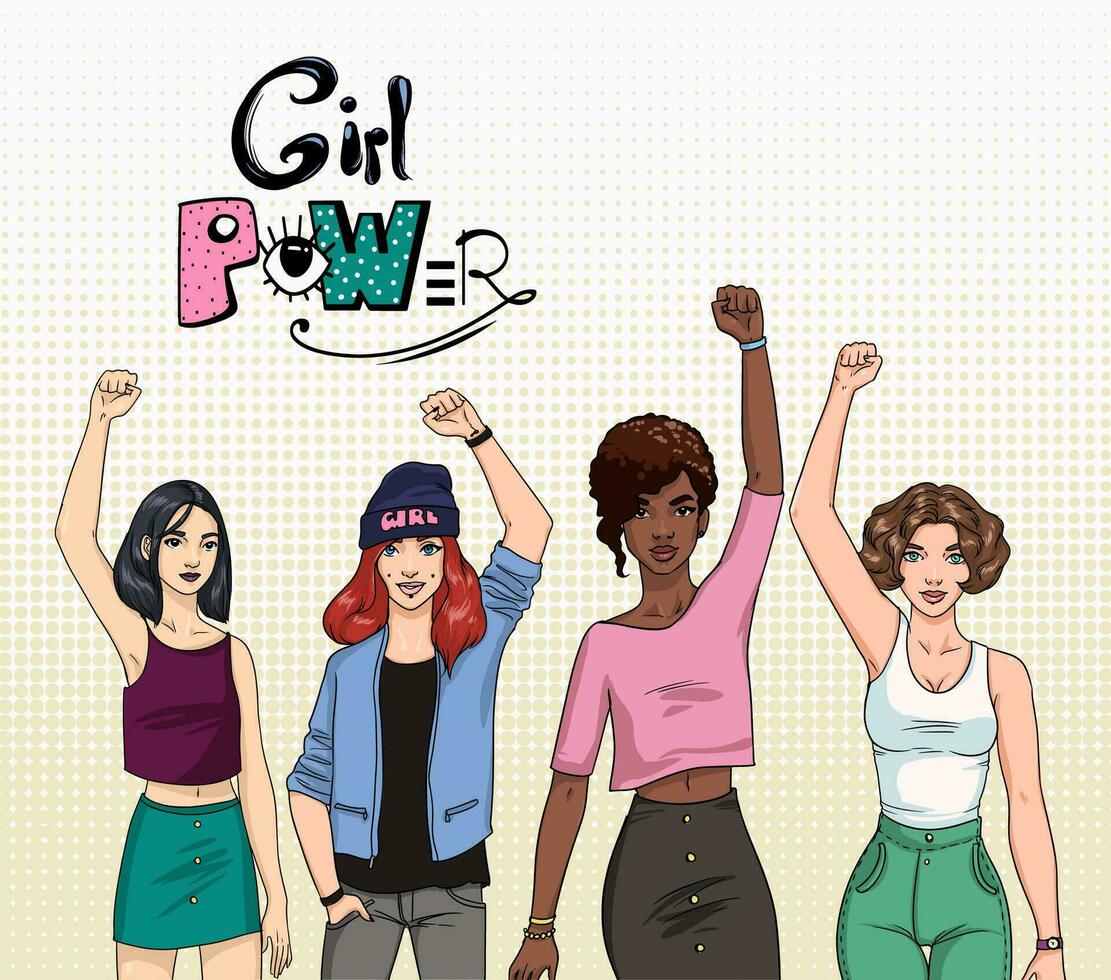 fille pouvoir, féminisme concept. différent Jeune moderne les filles avec mains en haut. coloré illustration. vecteur