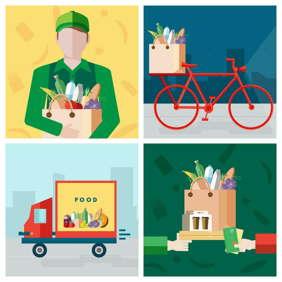 ensemble sur livraison nourriture thème. courrier, vélo, Paiement pour une achat. coloré vecteur des illustrations collection dans plat style.