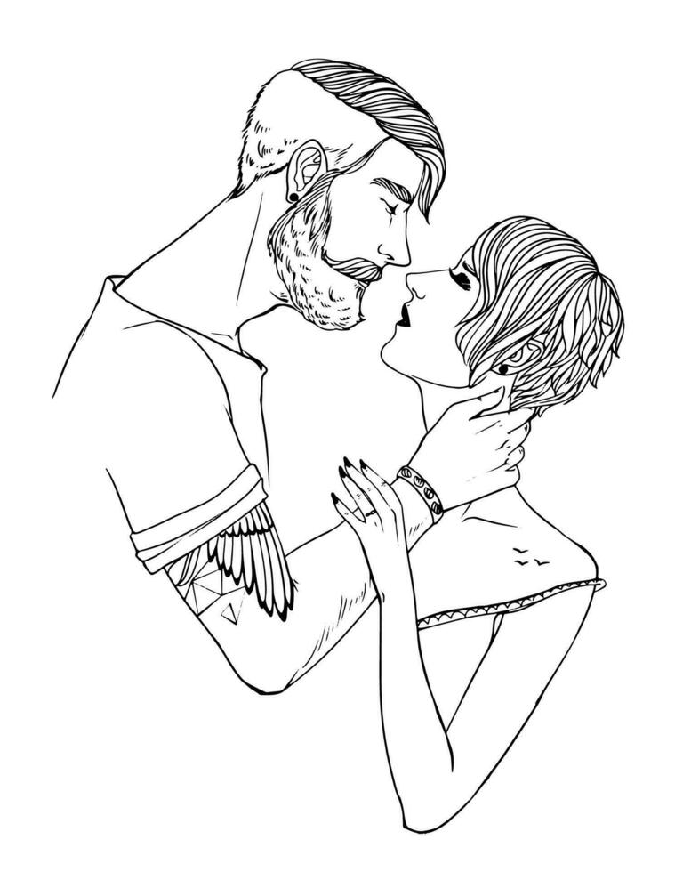 les amoureux baiser, fille et gars avec élégant coiffures. couple dans l'amour. noir et blanc main tiré illustration. mode les hipsters. vecteur