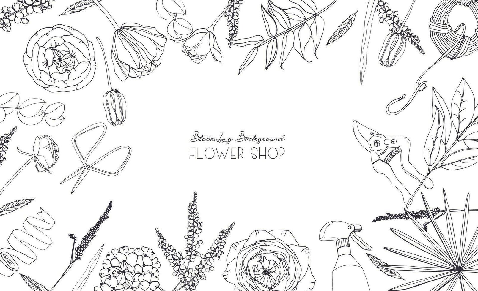 horizontal Contexte avec fleurs pour publicité, floral boutique, salon. main tiré monochrome composition avec endroit pour texte. vecteur