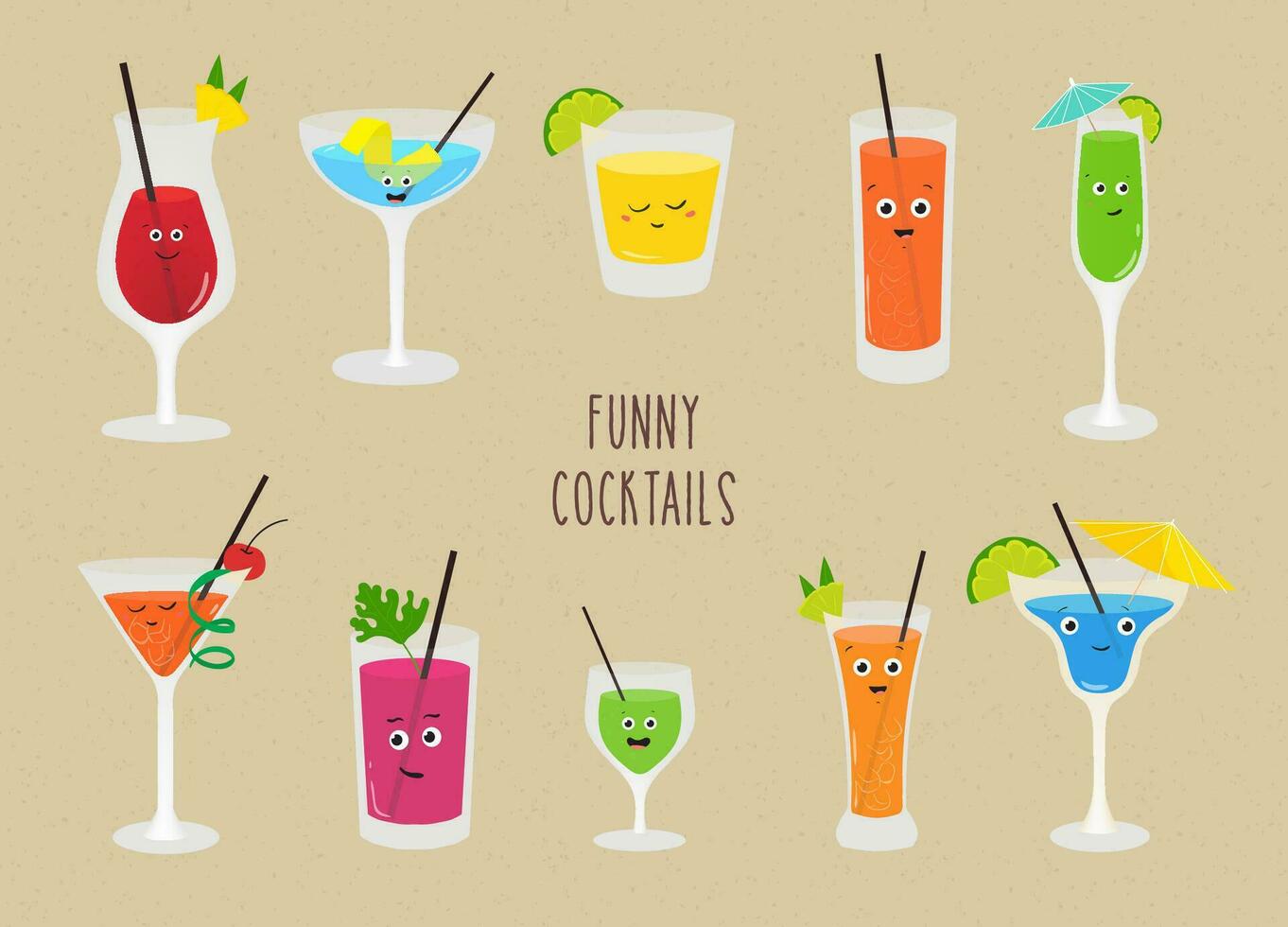 ensemble de marrant cocktails. coloré les boissons dans différent des lunettes avec paille. vecteur illustration dans dessin animé style.