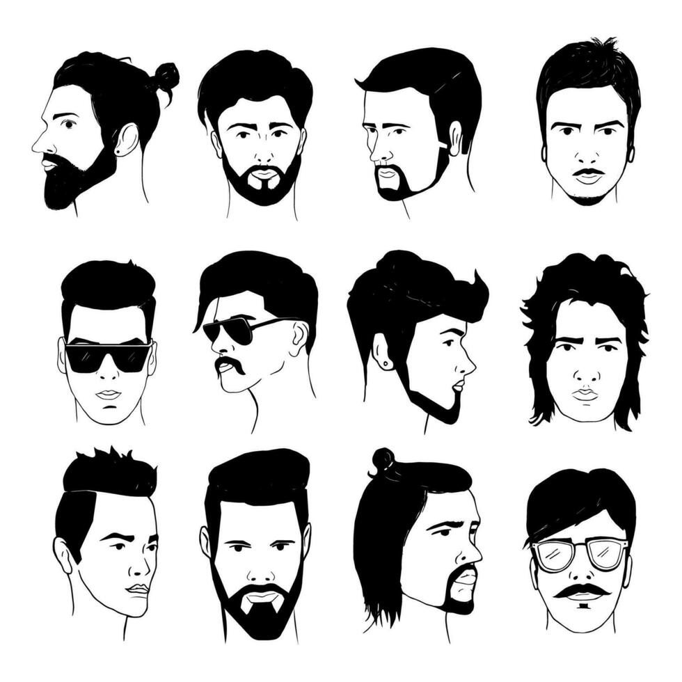 ensemble de Hommes coiffure avec barbes et moustache. collection de élégant années 80, Années 90 les types. main tiré isolé branché gars, rétro vecteur illustration.