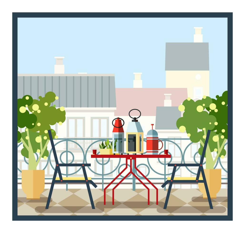 intérieur de balcon, table et chaises, mis en pot des arbres. magnifique paysage, vue de ville. coloré vecteur illustration dans plat style.