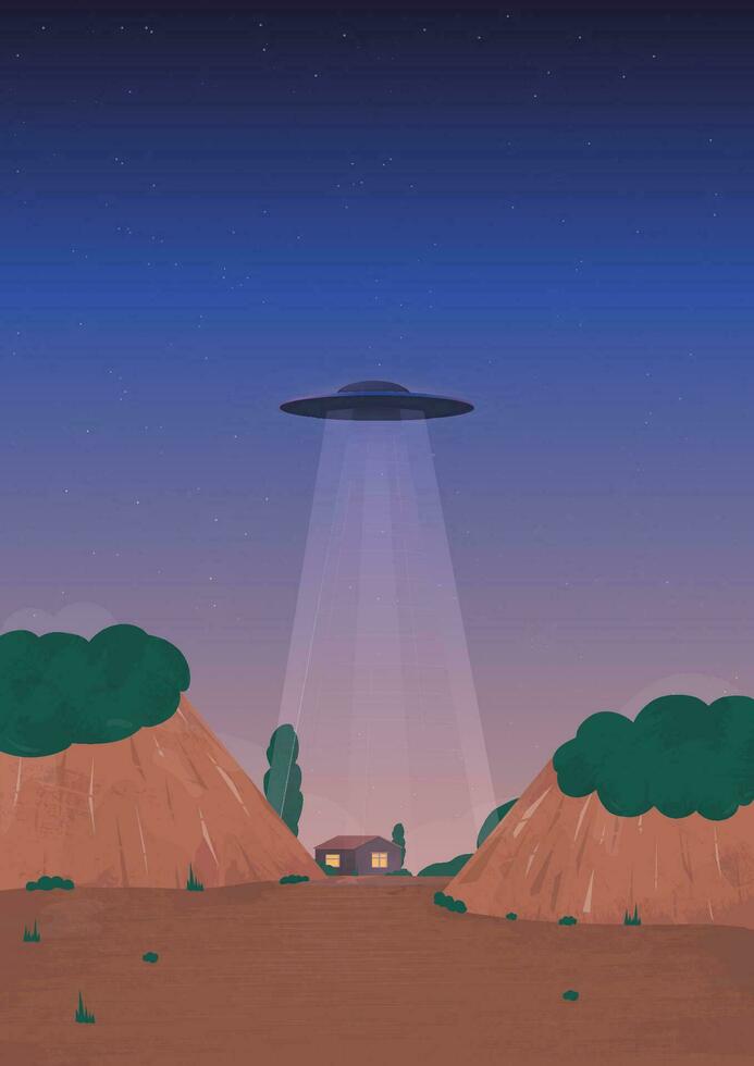 extraterrestre navire arrivée. OVNI sur le horizon, plus de le maison. dessin animé style illustration. vecteur