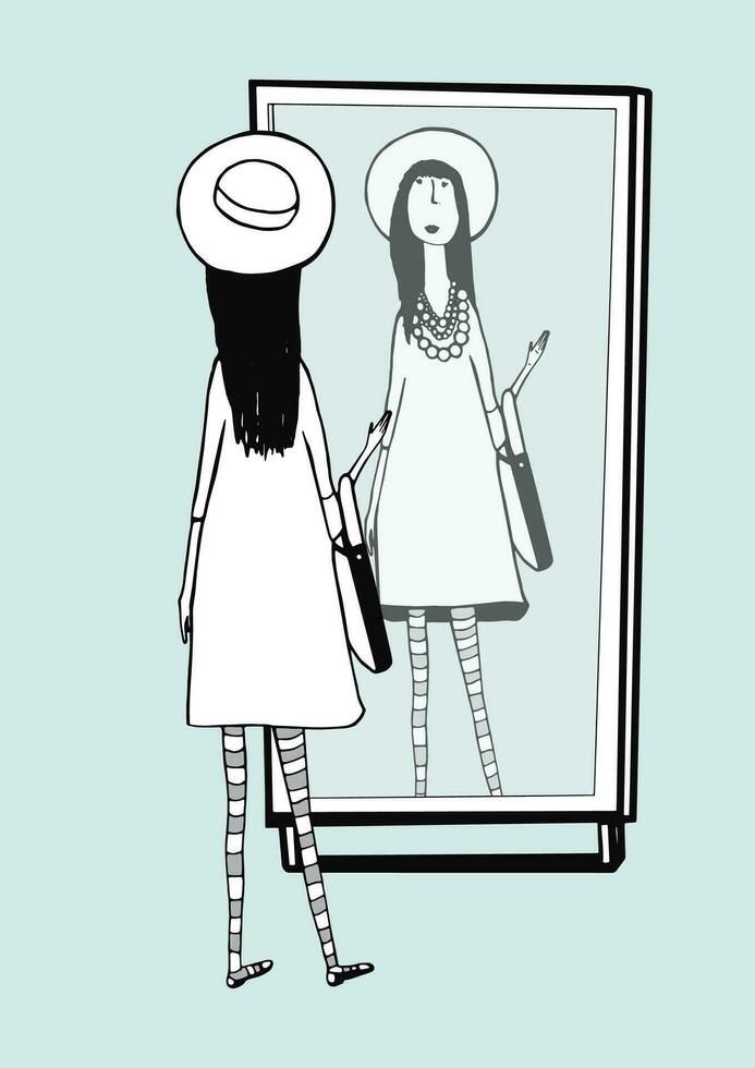 à la mode fille regards dans miroir. femme avec élégant, rétro accessoires, chapeau, rayé collants, Sac à main. main tiré vecteur monochrome illustration.