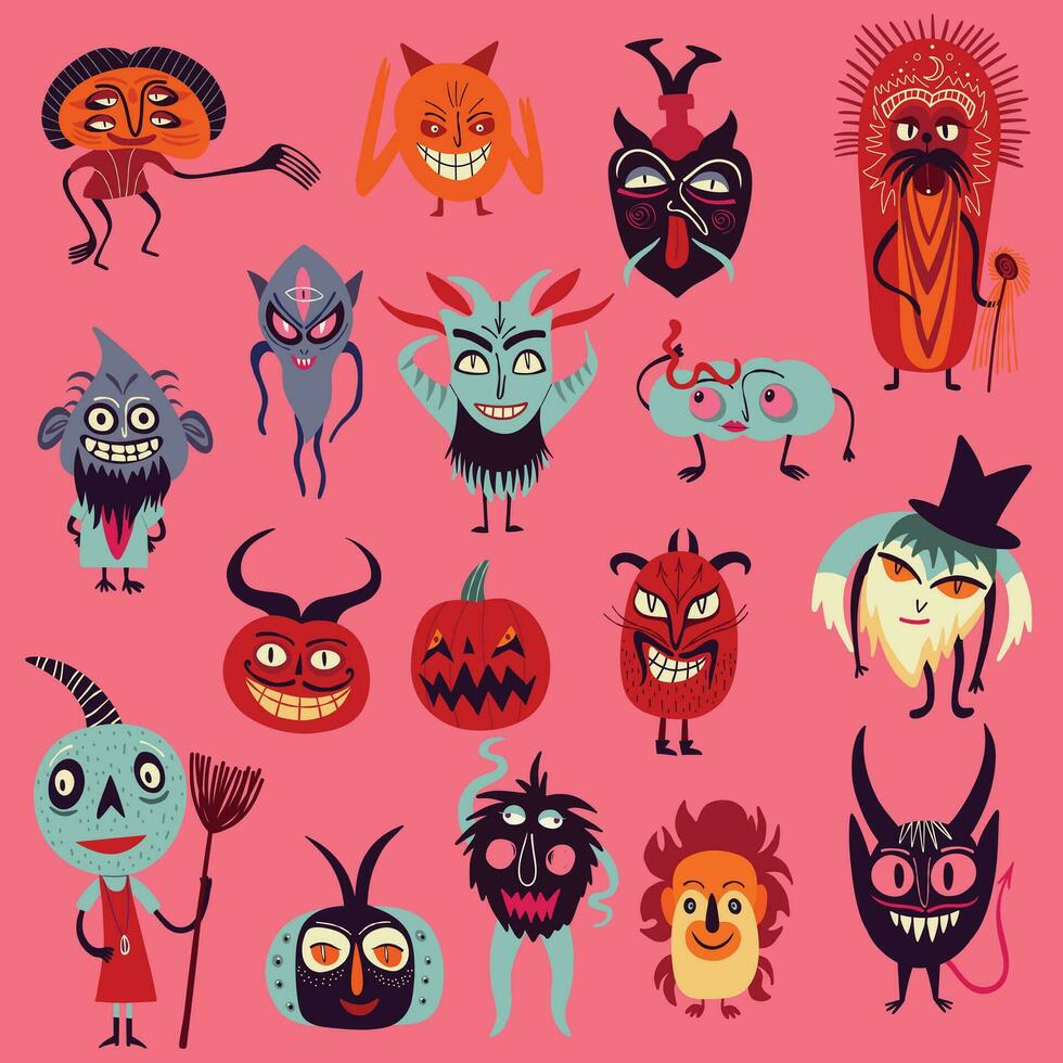 vibrant étrange laid Halloween personnages. mignonne bizarre bande dessinée personnages dans moderne plat main tiré style vecteur