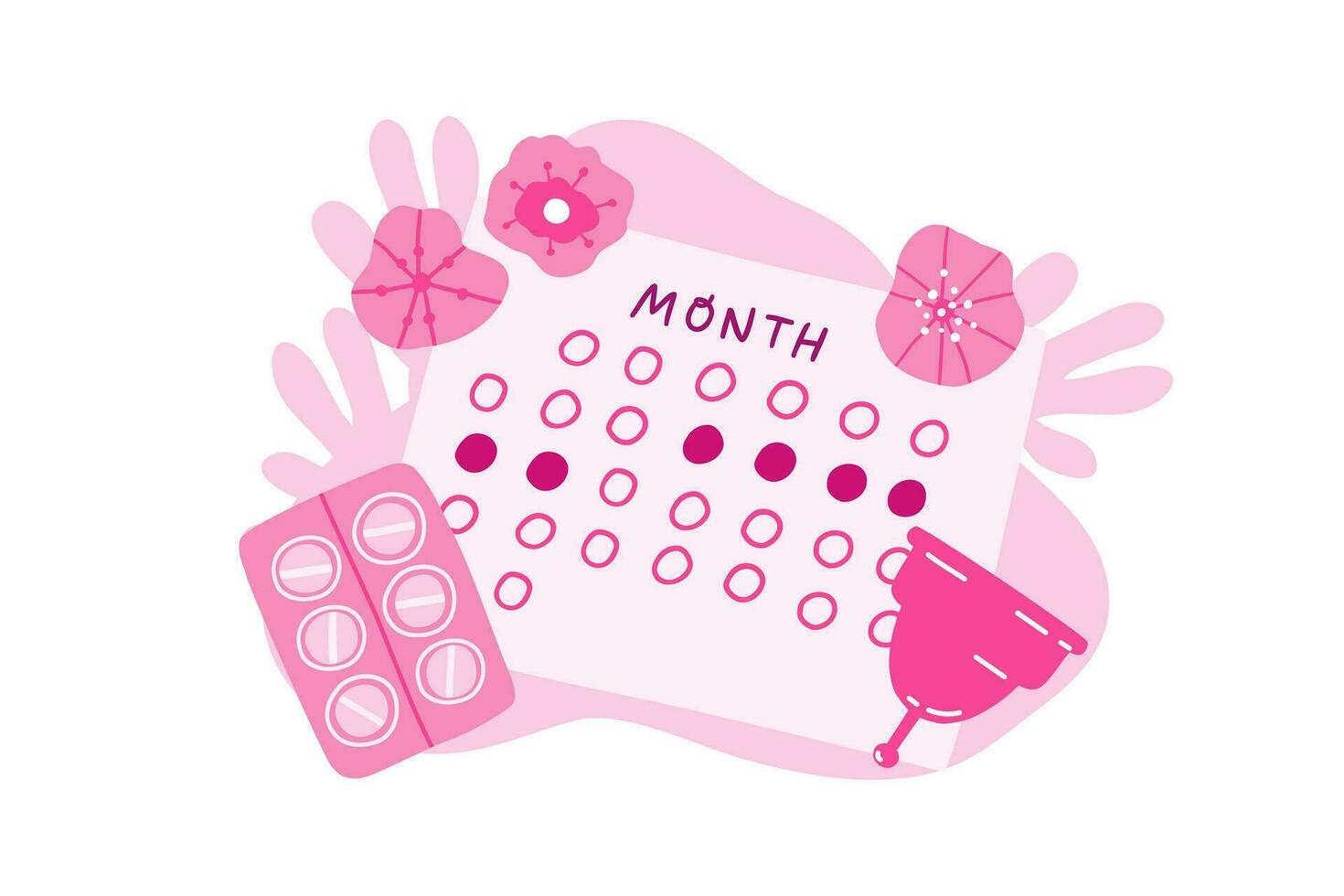 calendrier période de menstruation. menstruel tasse, douleur releveur. pms, calendrier. vecteur illustration dans plat style.