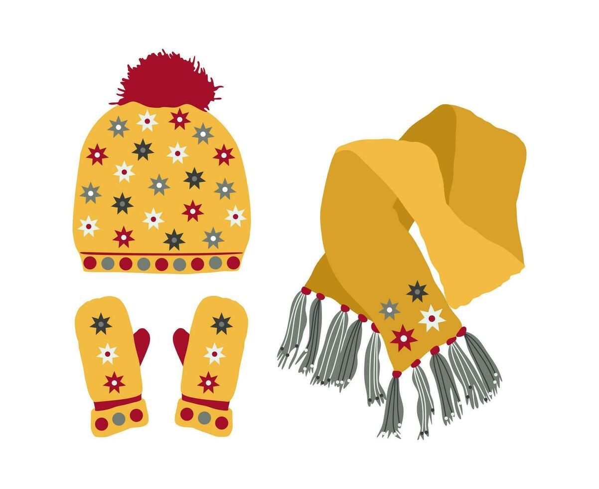 Jaune chapeau avec une pom pom, écharpe et mitaine ensemble tricoté saisonnier hiver traditionnel accessoires avec étoiles vecteur