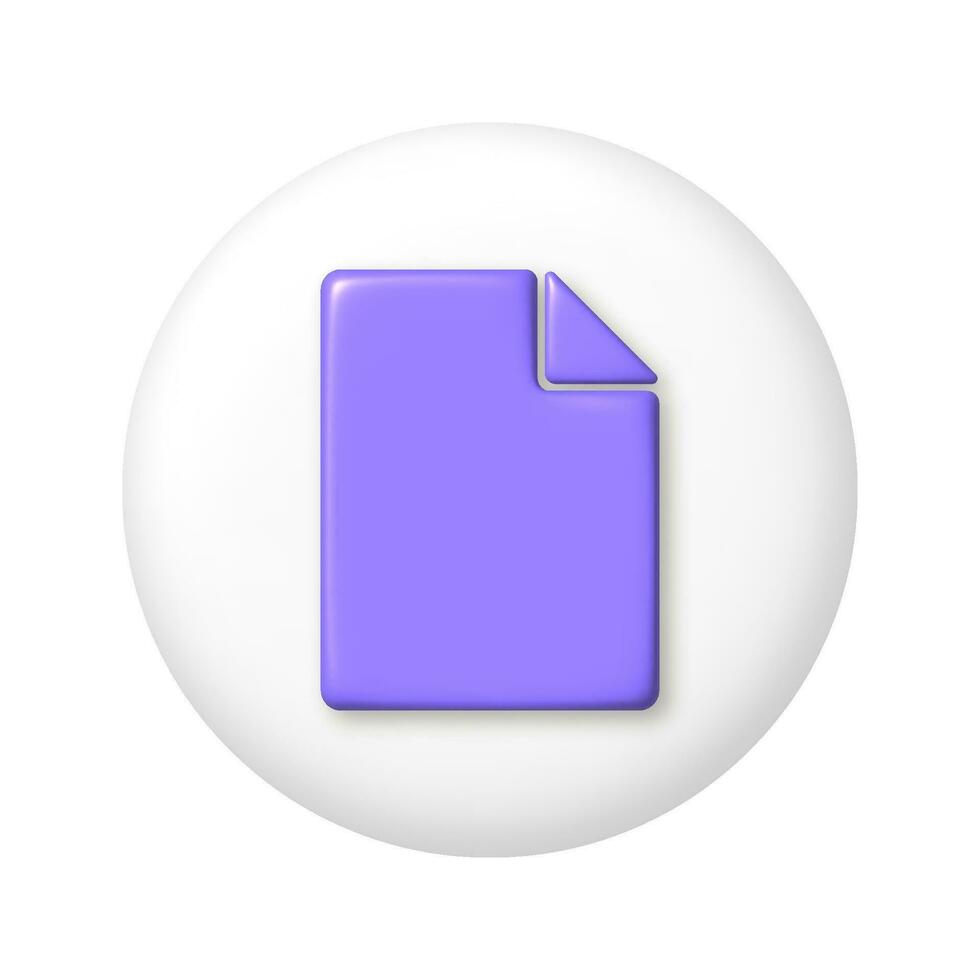 violet feuille de papier, document icône sur blanc rond bouton. 3d vecteur illustration.