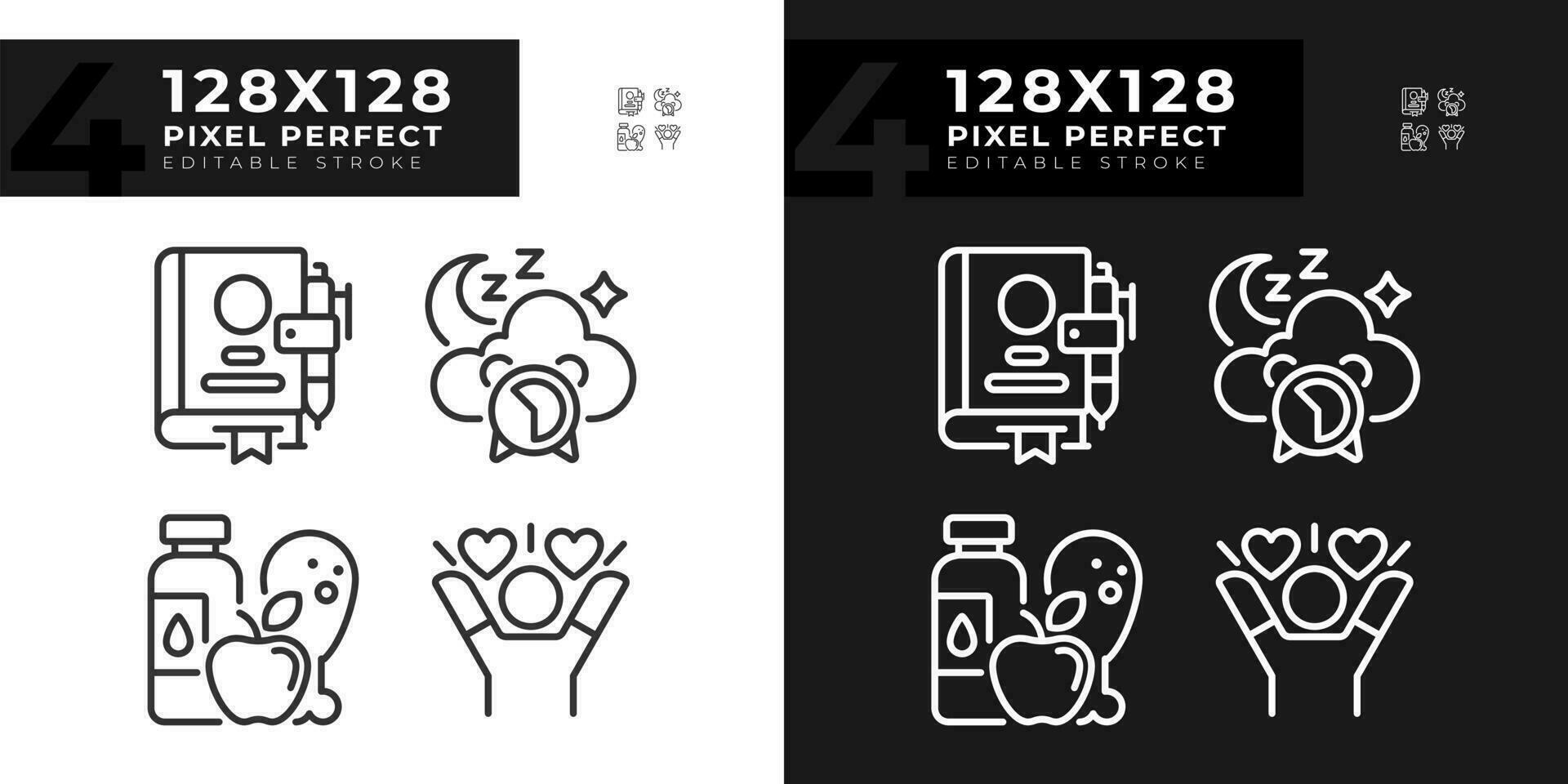 2d pixel parfait lumière et foncé mode Icônes ensemble représentant méditation, modifiable mince linéaire bien-être illustration. vecteur