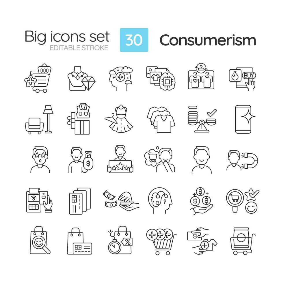 consumérisme linéaire Icônes ensemble. consommateur culture. responsable consommation. impulsion acheter. e Commerce. argent dépenses. personnalisable mince ligne symboles. isolé vecteur contour illustrations. modifiable accident vasculaire cérébral