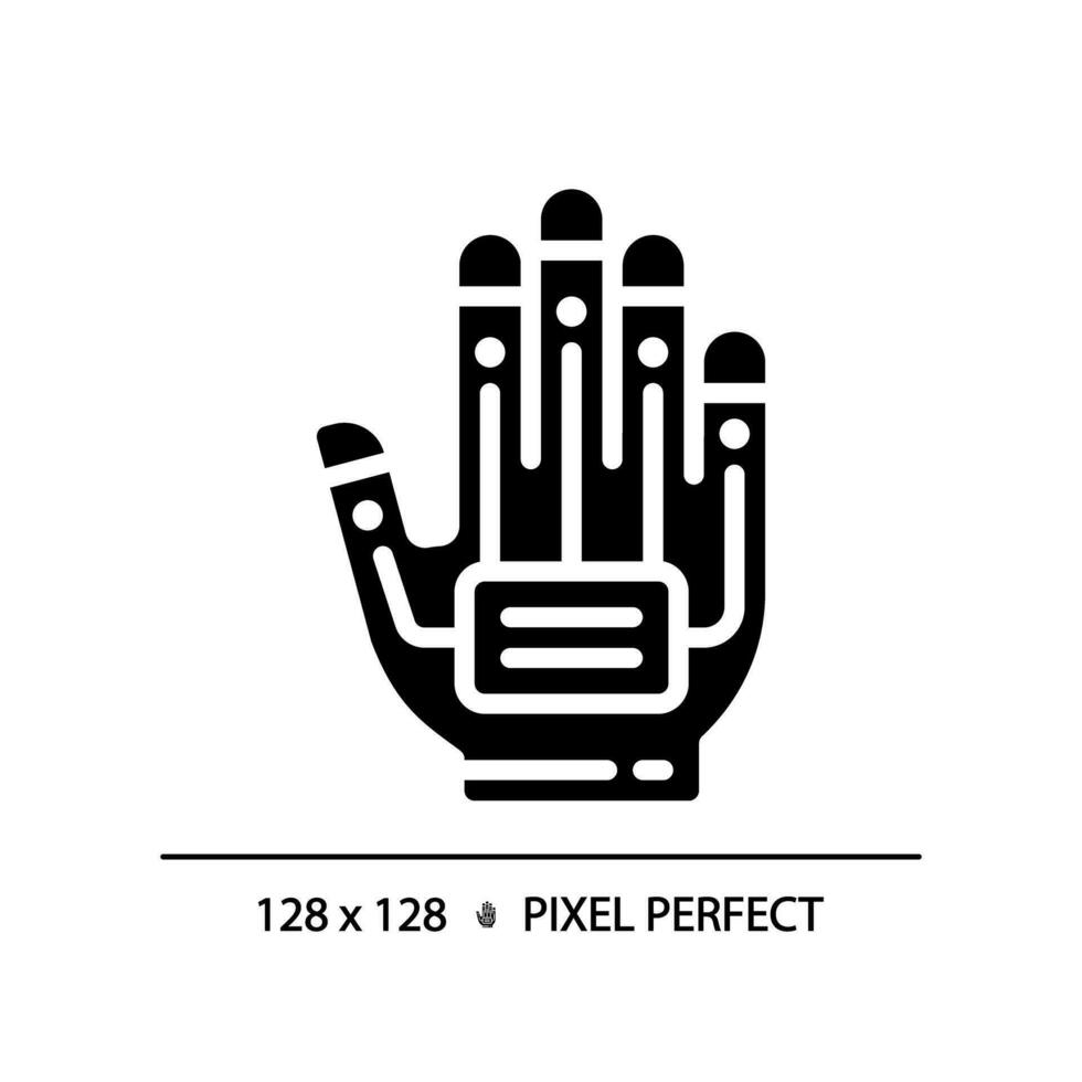2d pixel parfait glyphe style haptique gant icône, isolé vecteur, silhouette illustration représentant vr, ar et m. vecteur