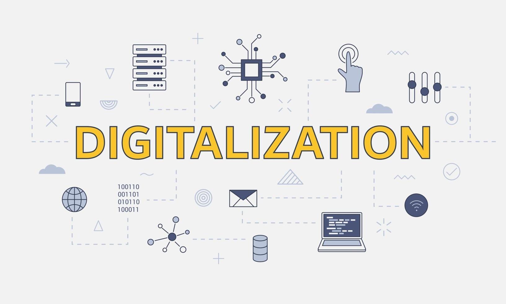 concept de numérisation avec jeu d'icônes avec grand mot ou texte vecteur