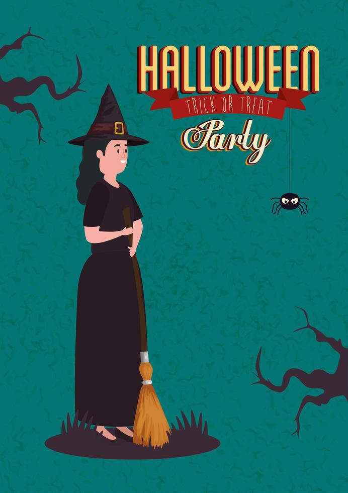 affiche de fête halloween avec femme déguisée en sorcière vecteur