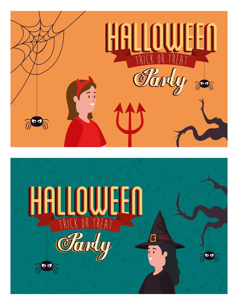 set poster de fête halloween avec des femmes déguisées vecteur