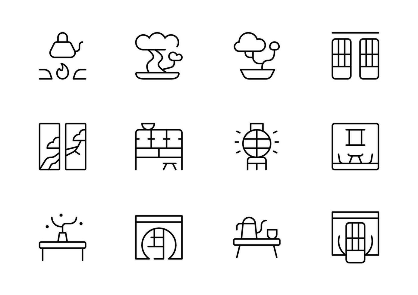 asiatique Accueil intérieur Icônes, vecteur ensemble conception avec modifiable accident vasculaire cérébral. doubler, solide, plat doubler, mince style et adapté pour la toile page, mobile application, interface utilisateur, ux conception.