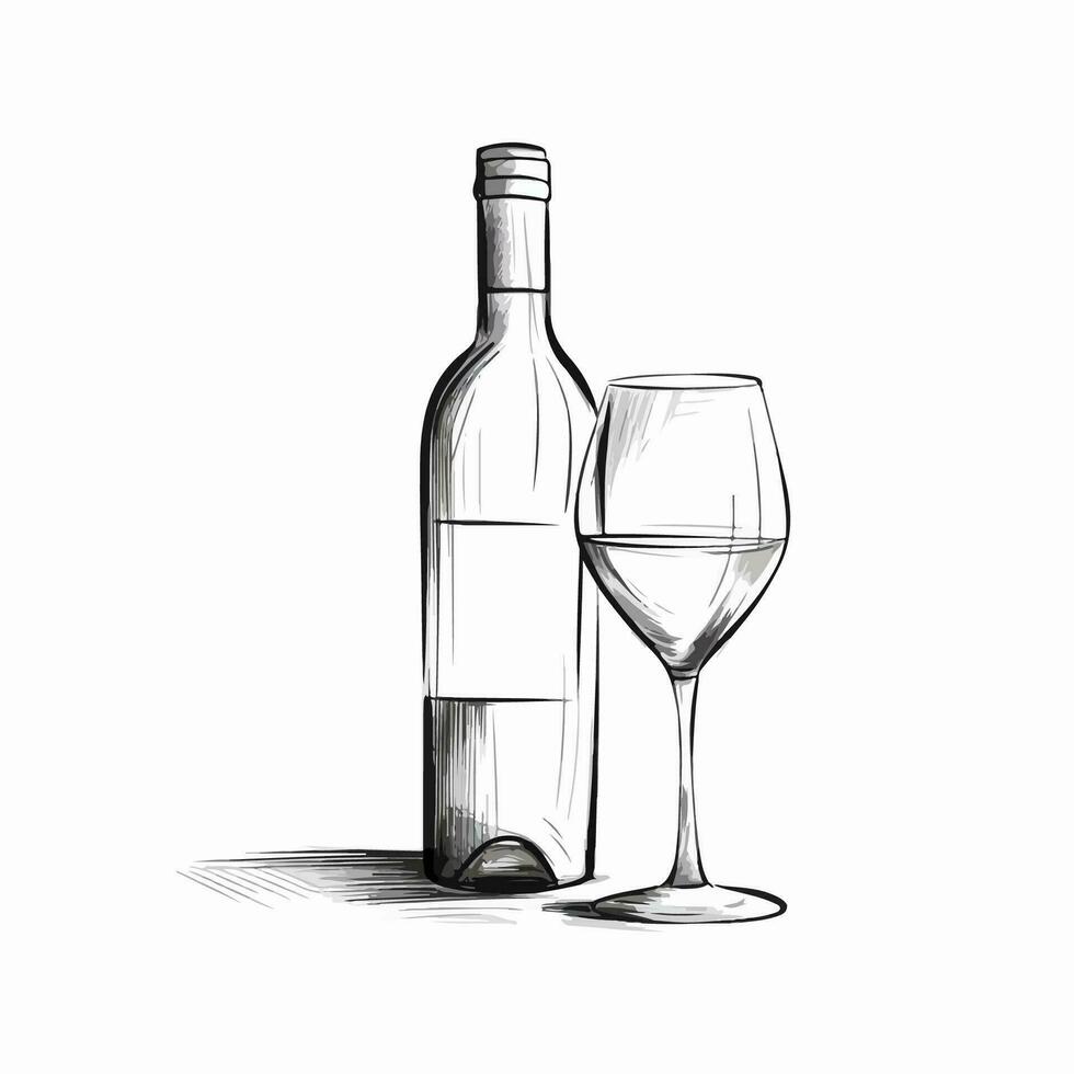 une bouteille et une verre de du vin illustration, Facile esquisser, silhouette sur blanc arrière-plan, griffonnage minimaliste style vecteur