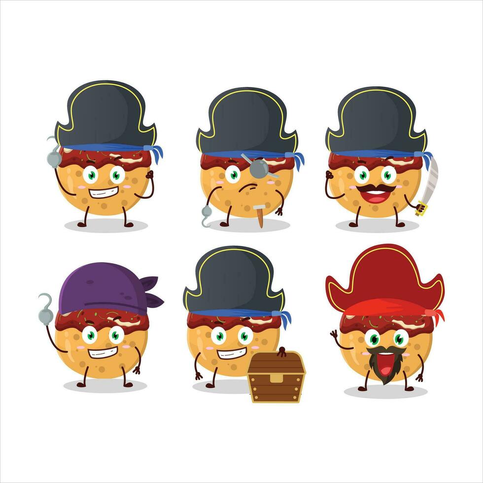 dessin animé personnage de takoyaki avec divers pirates émoticônes vecteur