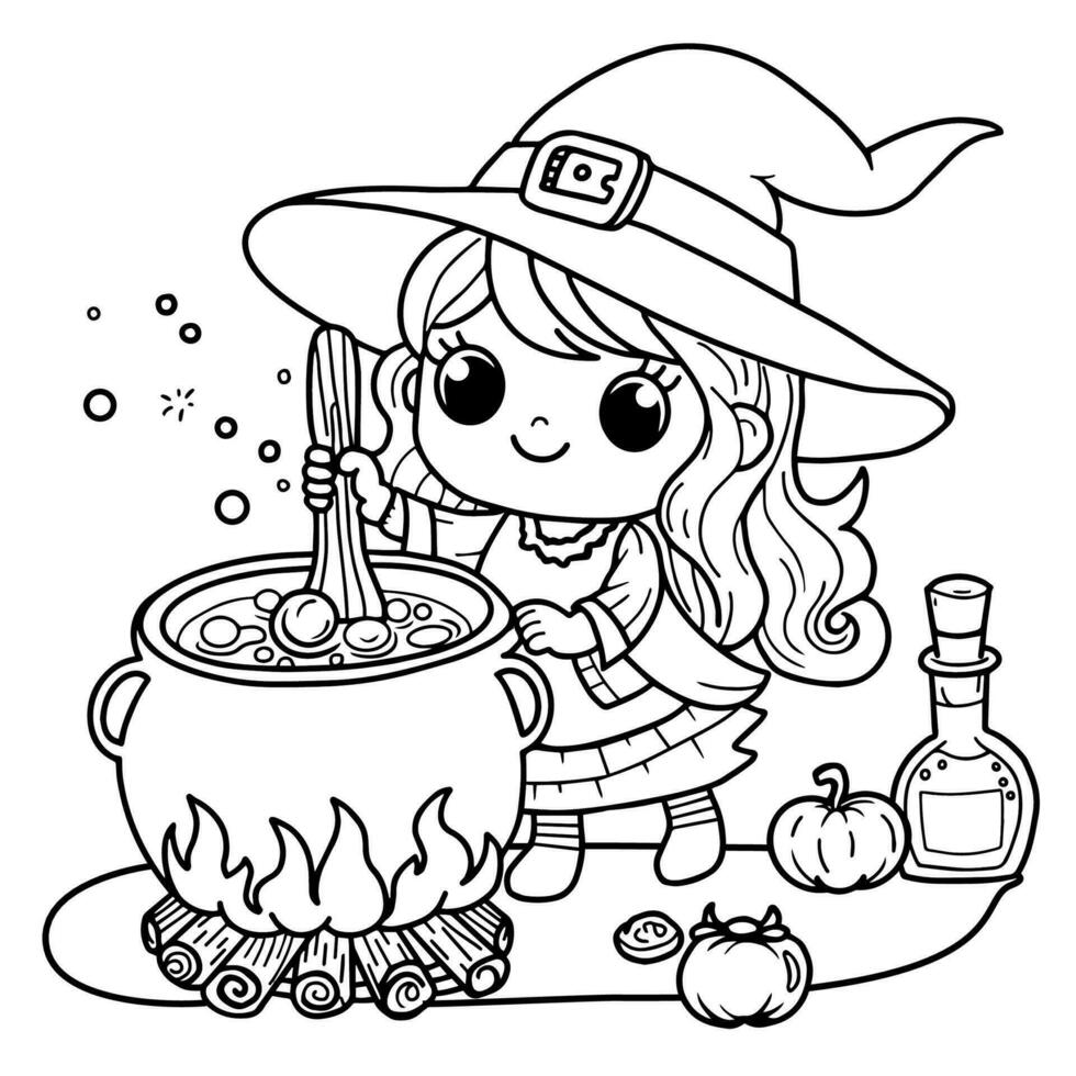 mignonne dessin animé fille dans Halloween sorcière robe et brasseries potion dans sorcière chaudron décrit pour coloration vecteur