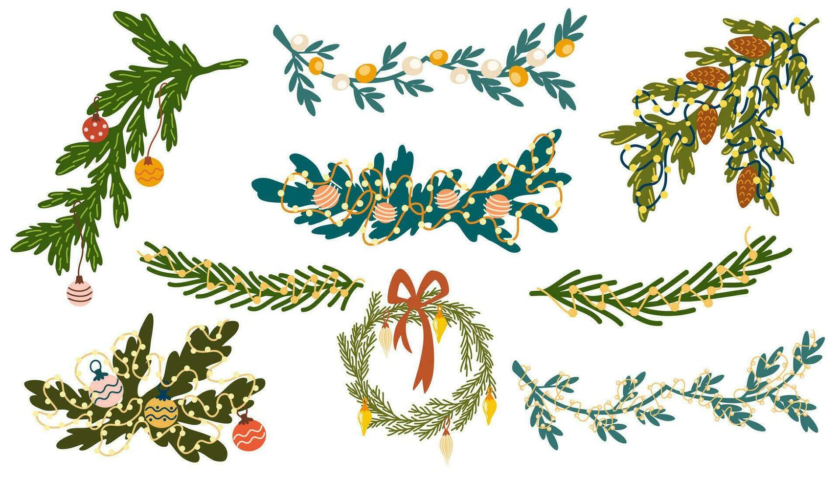 Noël sapin couronnes de fleurs ensemble. Nouveau année hiver vacances décoration avec sapin bifurquer, houx feuille et pin cônes. vecteur main dessiner illustration