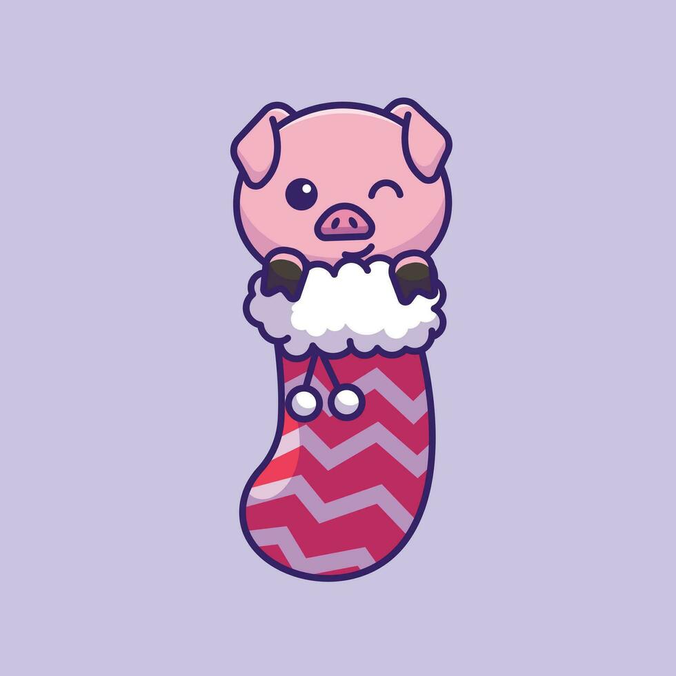 mignonne porc dans Noël chaussette Facile dessin animé vecteur illustration Noël concept icône isolé