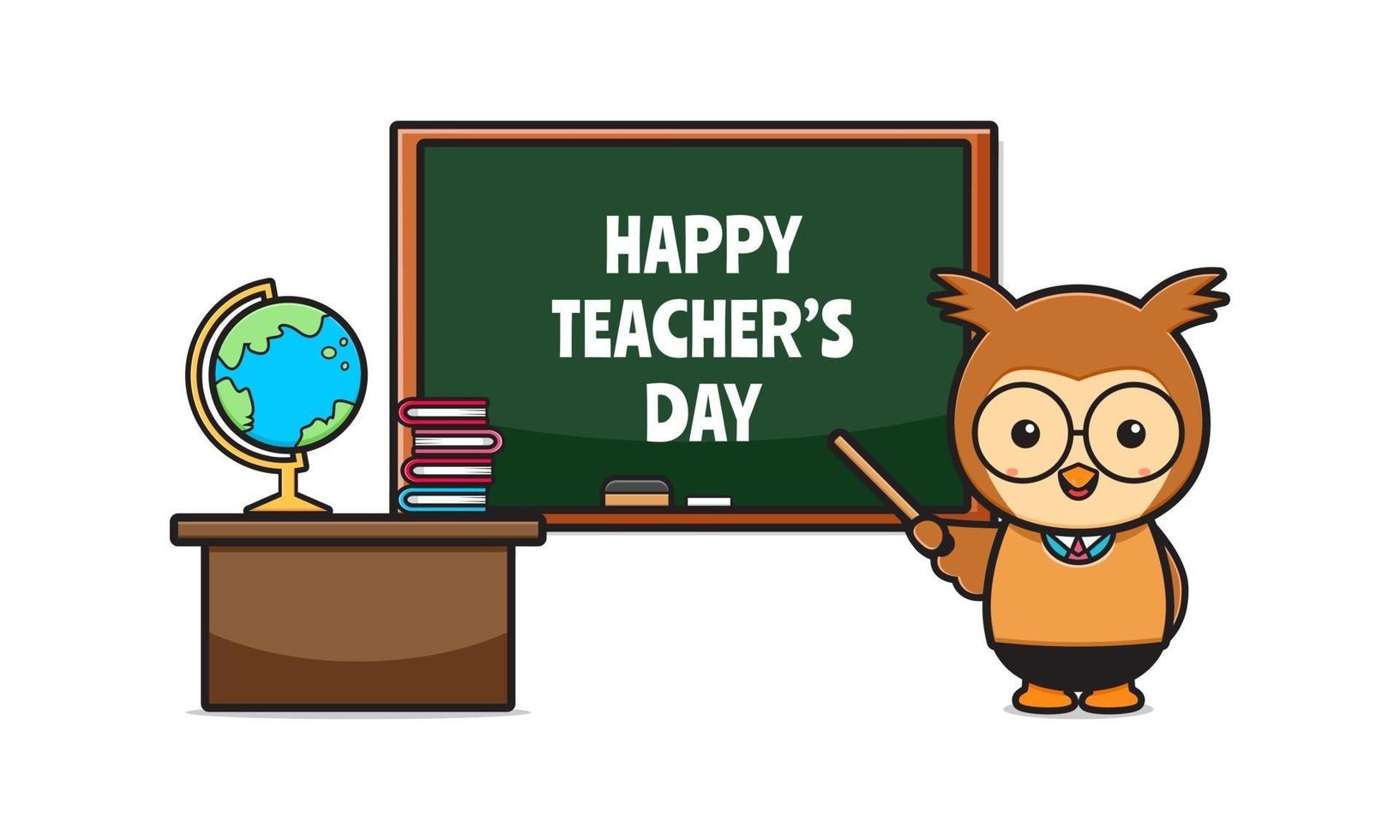 hibou mignon célèbre l'illustration de l'icône de dessin animé de la journée de l'enseignant vecteur