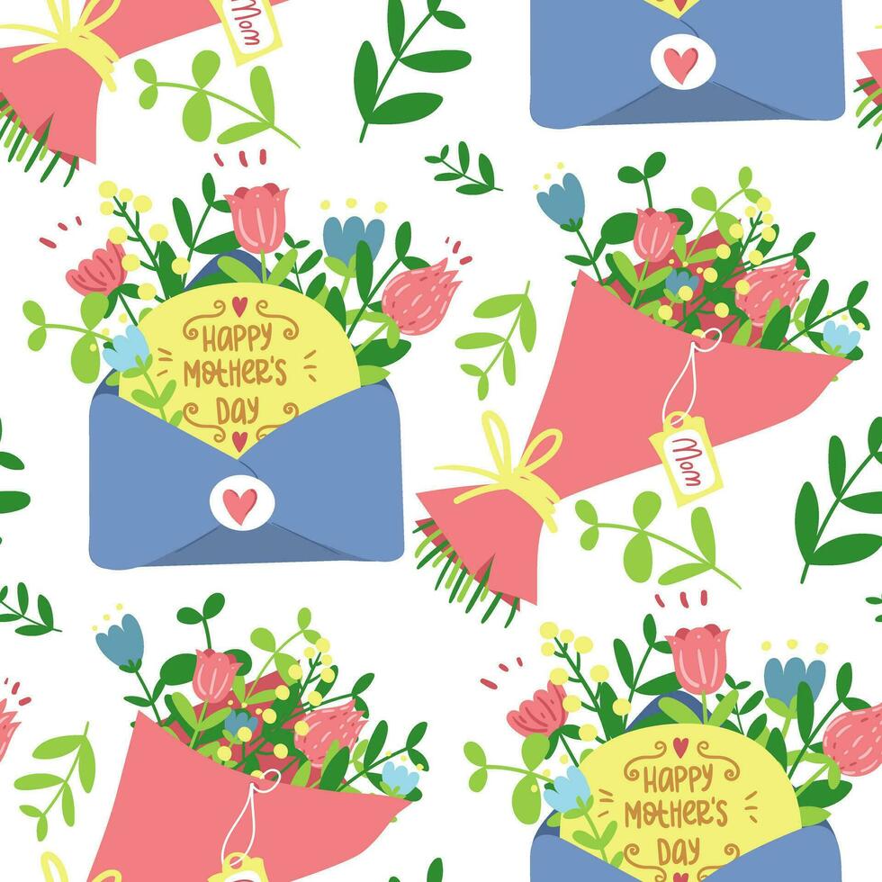 modèle avec enveloppes, bouquets de fleurs pour de la mère journée dans une plat style. dessin animé isolé illustration avec fleurs. de félicitations texture dans le forme de une sans couture ornement. vacances emballage vecteur