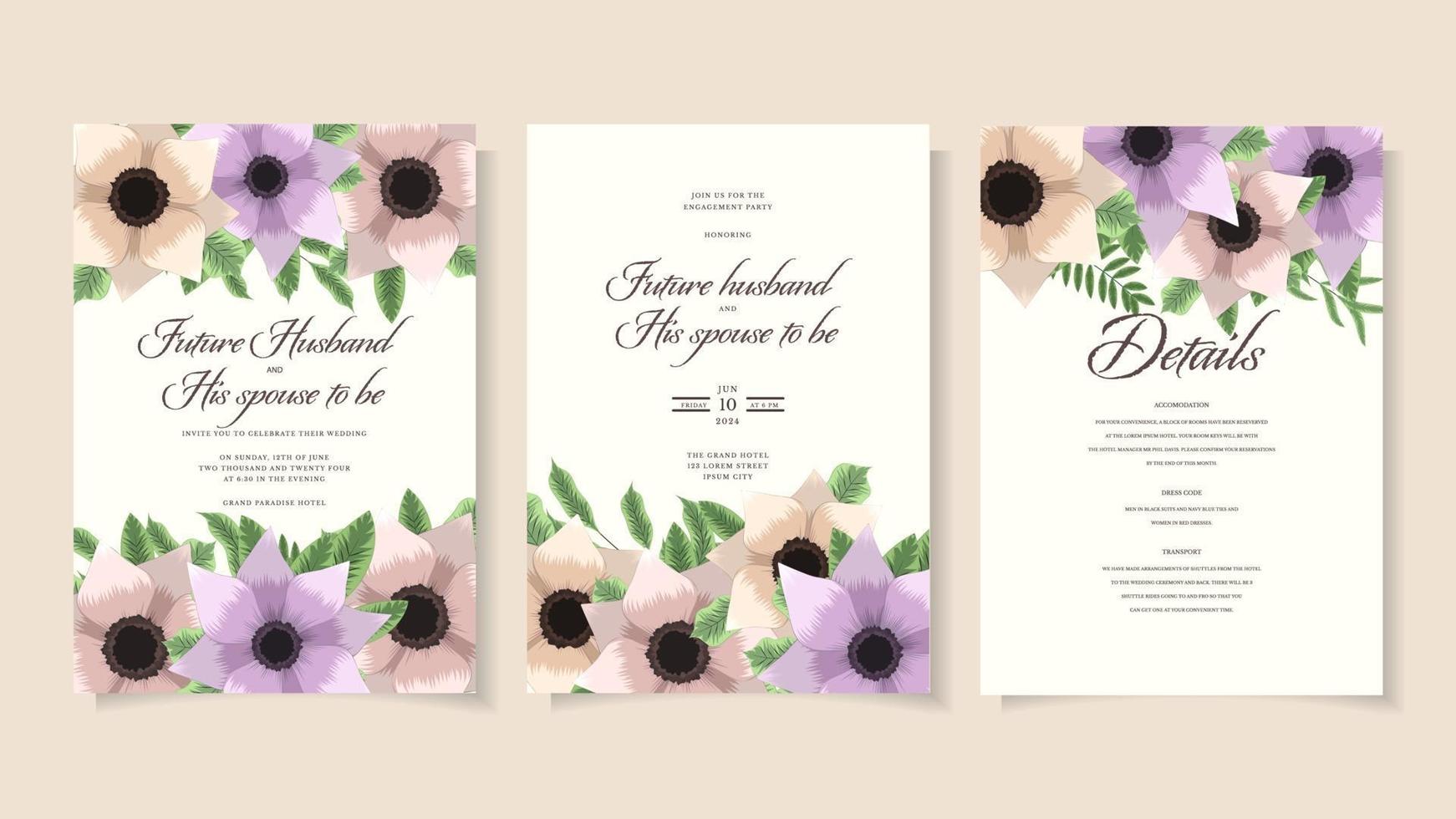 modèle de jeu de cadre de carte d'invitation de mariage de belles fleurs vecteur