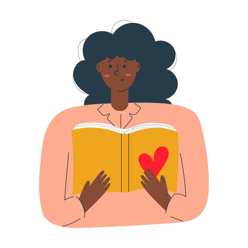 femme afro-américaine avec livre, amour de la lecture, éducation. concept. vecteur