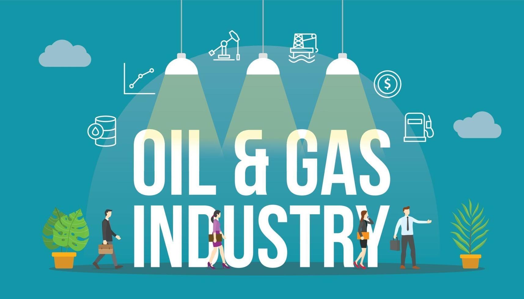 concept de l'industrie pétrolière et gazière avec des personnes et un grand mot de texte vecteur