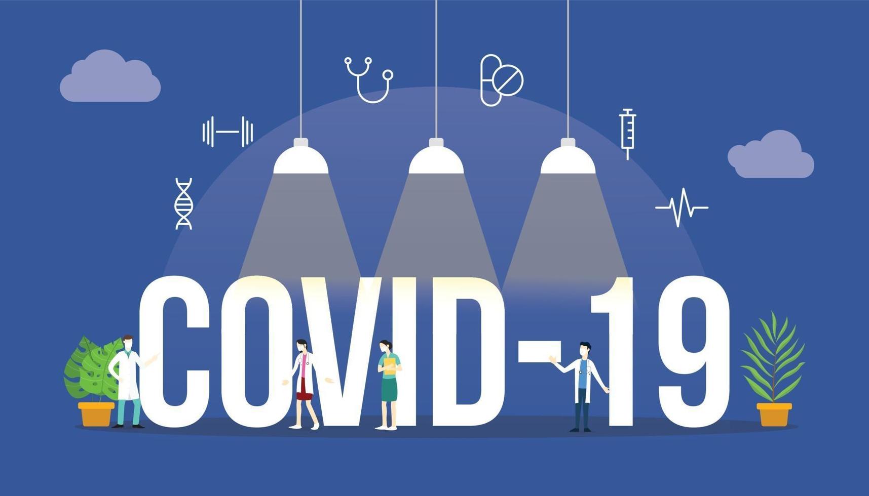 concept de coronavirus covid-19 avec des personnes et un grand mot de texte vecteur
