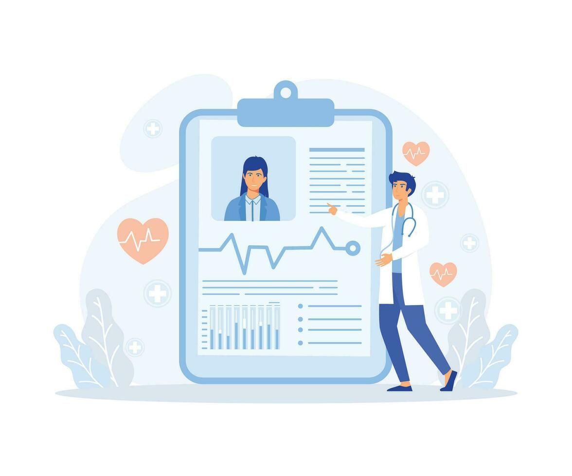 concept de médical enregistrer, tablette avec les patients photo, cardiogramme et santé indicateurs pour surveillance. plat vecteur moderne illustration