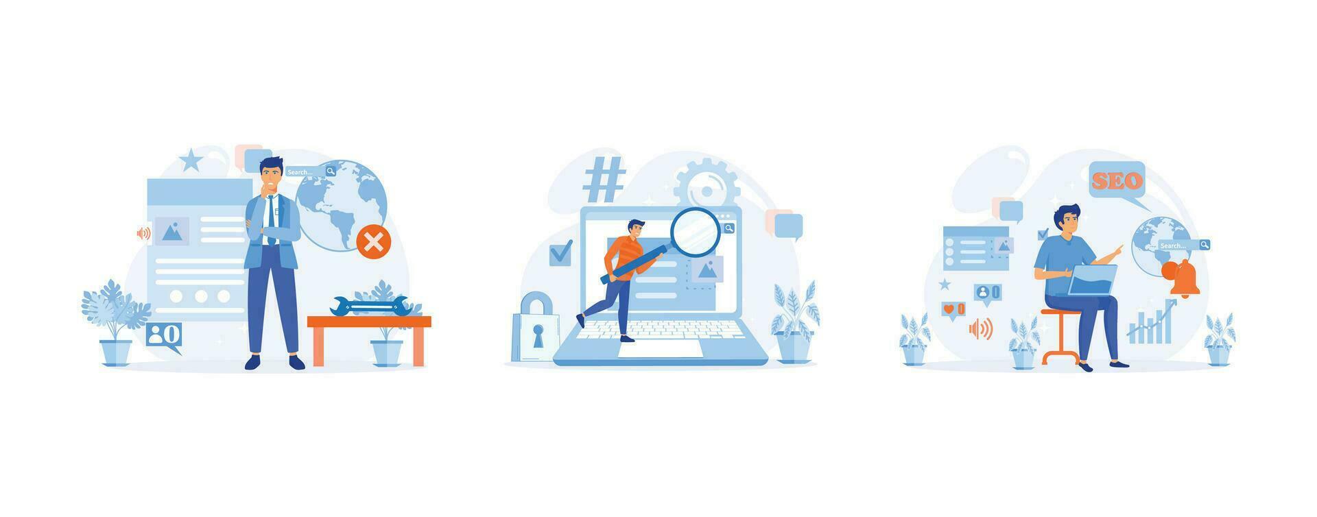 La publicité dans le l'Internet. inefficace seo optimisation. inefficace mots clés analyse. contenu production sans pour autant seo contenu Audit. ensemble plat vecteur moderne illustration