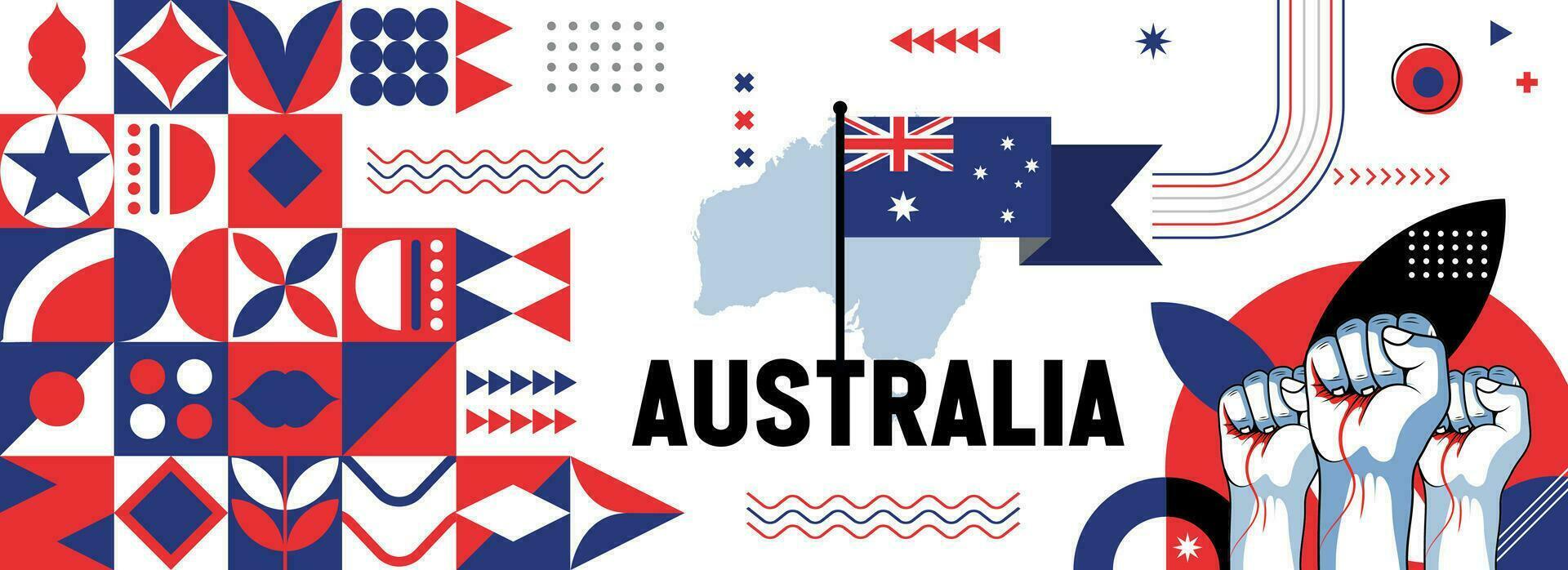 Australie nationale ou indépendance journée bannière conception pour pays fête. drapeau et carte de Australie avec élevé poings. moderne rétro conception avec abstrait géométrique Icônes. vecteur illustration.