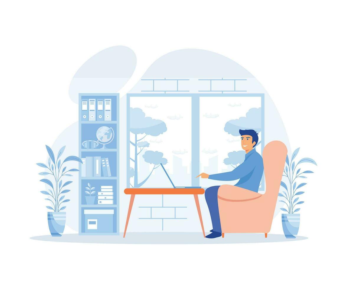 Accueil Bureau concept, une pigiste homme travaux derrière une ordinateur portable, travail de maison, plat vecteur moderne illustration