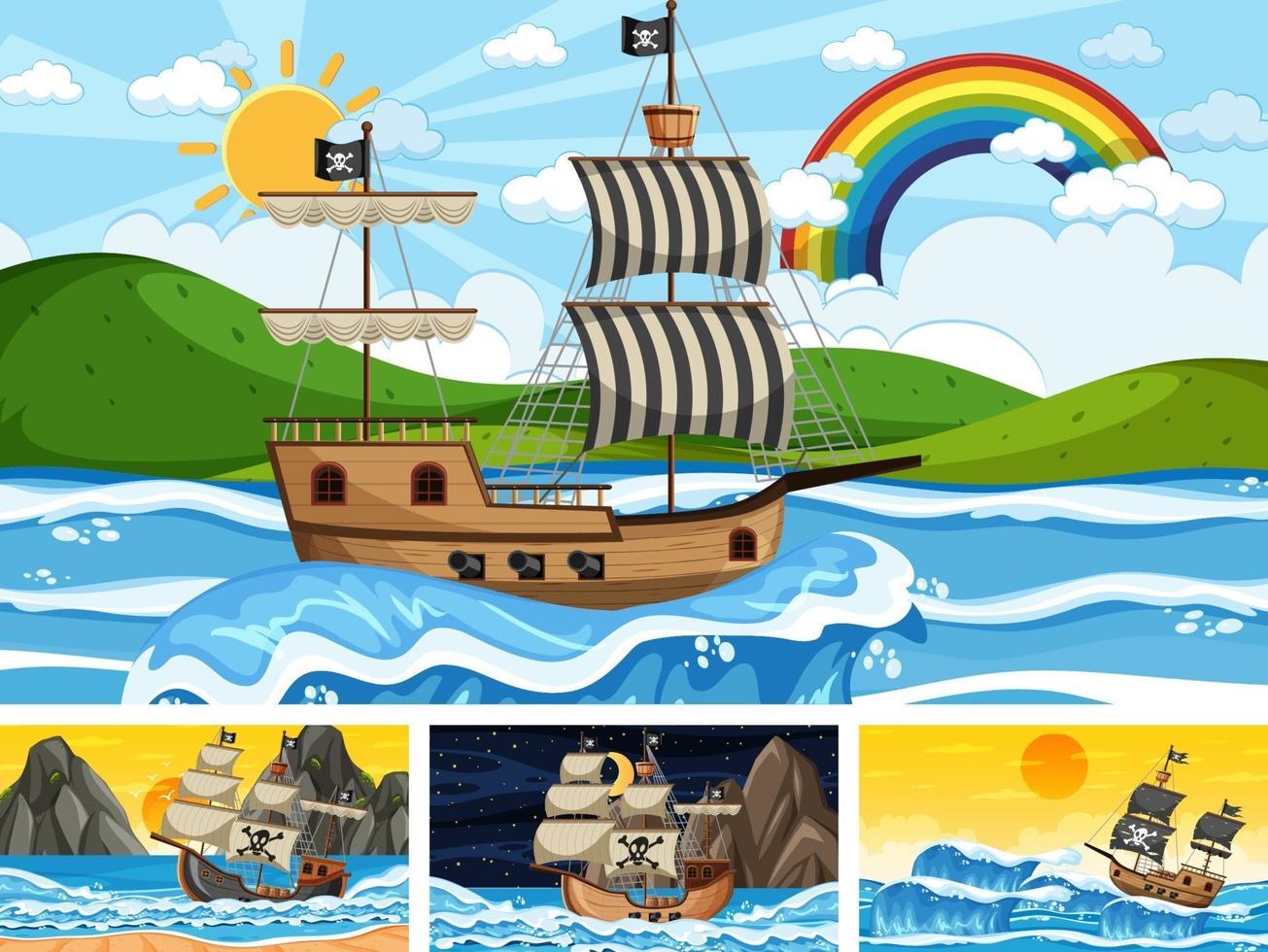 fond d'océan différent avec bateau pirate en style cartoon vecteur