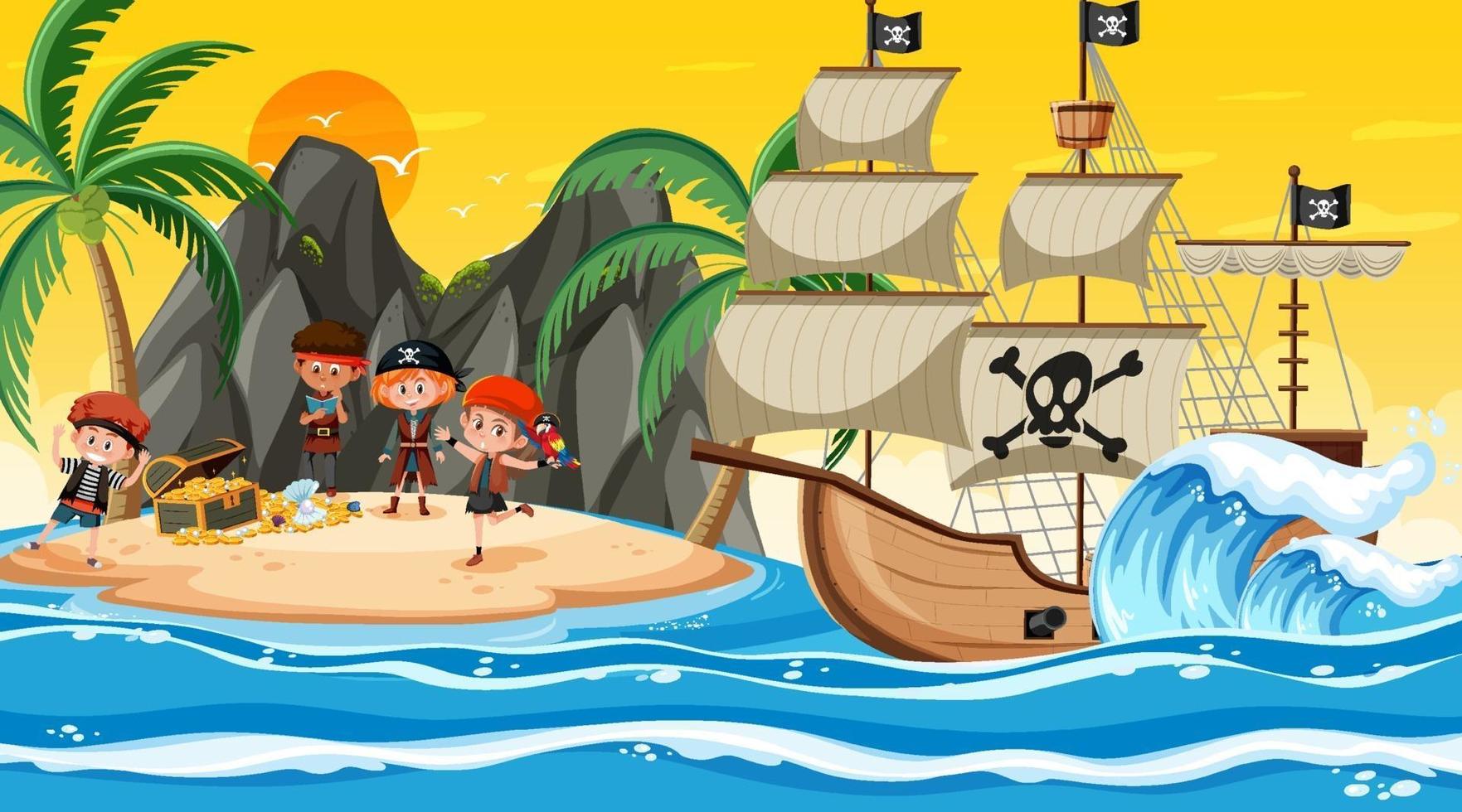 Scène d & # 39; île au trésor au coucher du soleil avec des enfants pirates vecteur