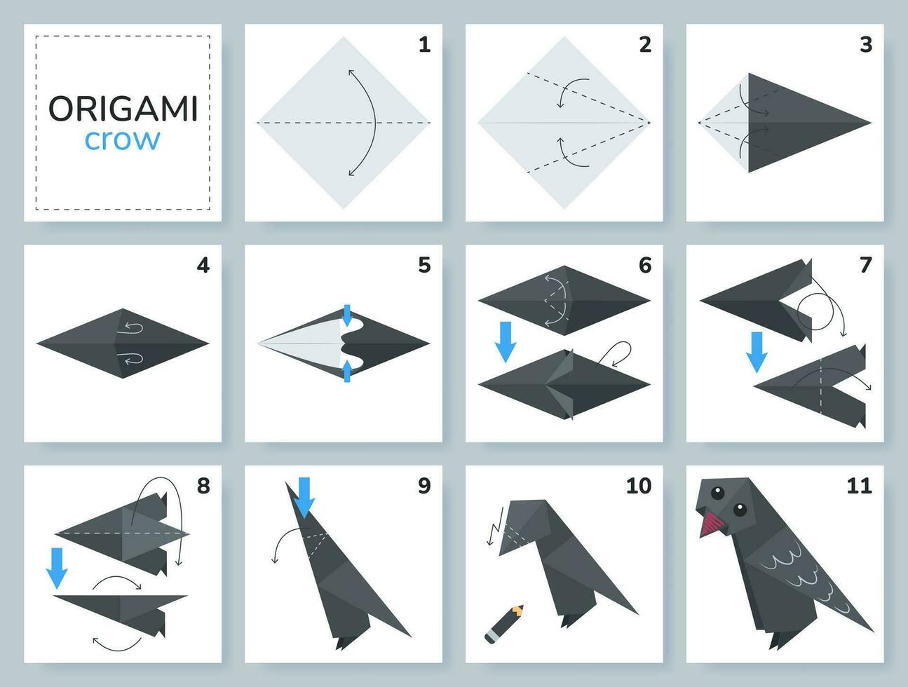 oiseau origami schème Didacticiel en mouvement modèle. origami pour enfants. étape par étape Comment à faire une mignonne origami corbeau. vecteur illustration.