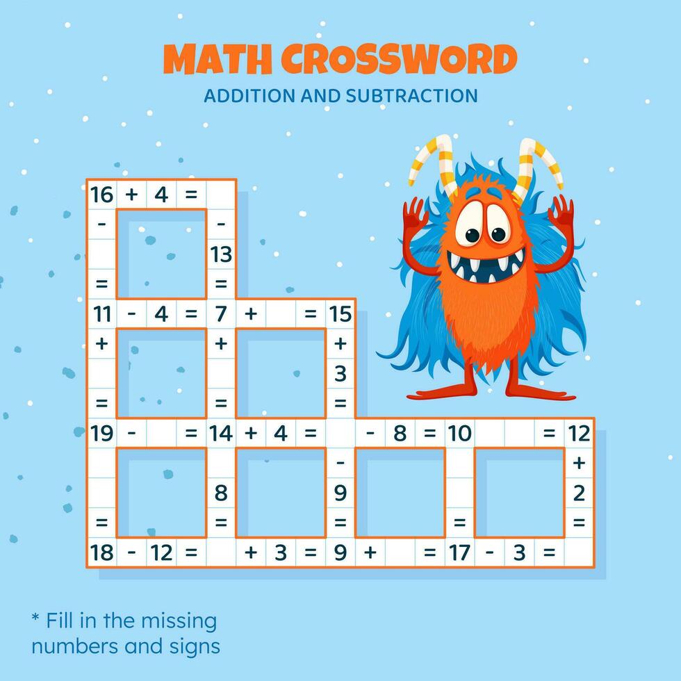 math mots croisés puzzle pour enfants. une addition et soustraction. compte en haut à 20. Jeu pour les enfants. vecteur illustration. coloré mots croisés avec dessin animé monstre. tâche, éducation Matériel pour enfants.