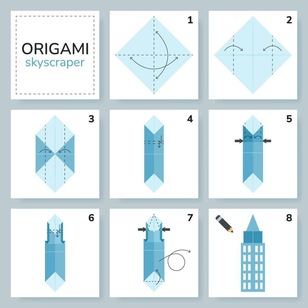 gratte-ciel origami schème Didacticiel en mouvement modèle. origami pour enfants. étape par étape Comment à faire une mignonne origami bâtiment. vecteur illustration.