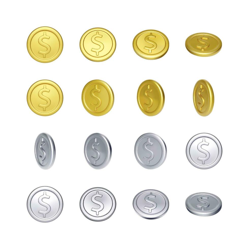 ensemble de or et argent pièce de monnaie avec dollar symbole. rotation métallique argent. vecteur illustration