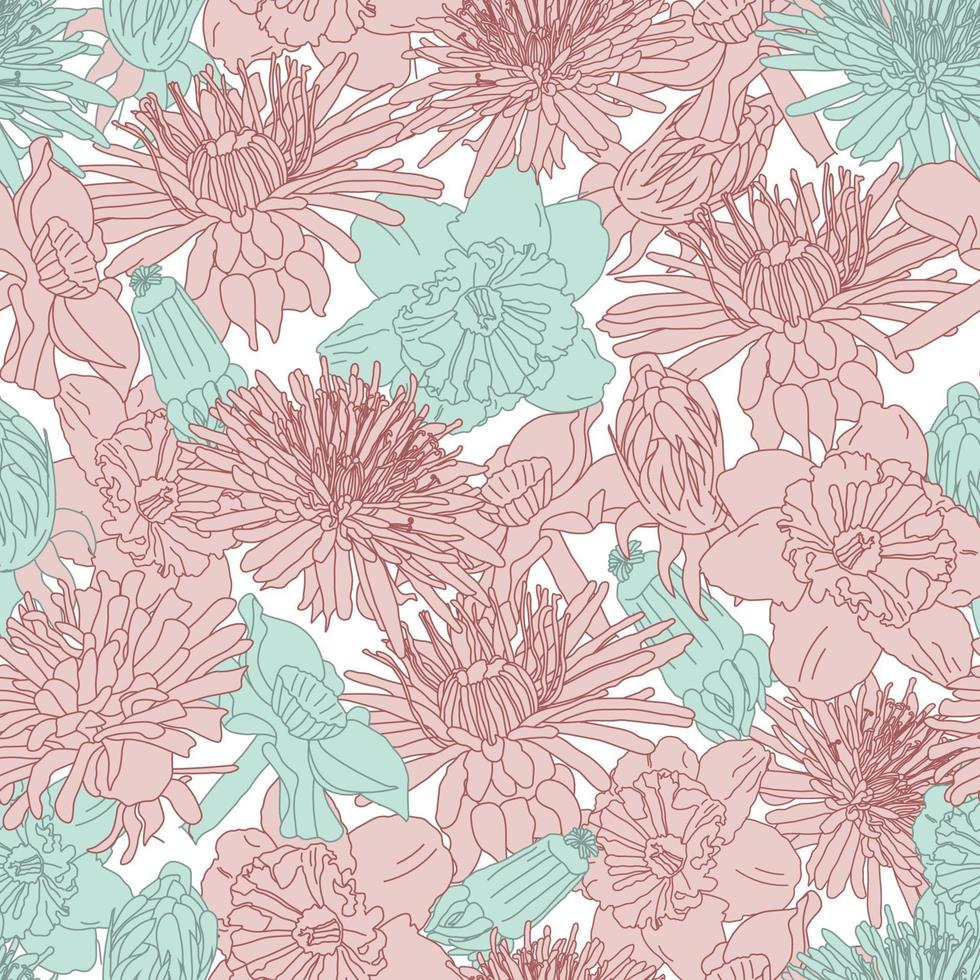 motif floral sans couture d'art de ligne vintage de grande floraison vecteur