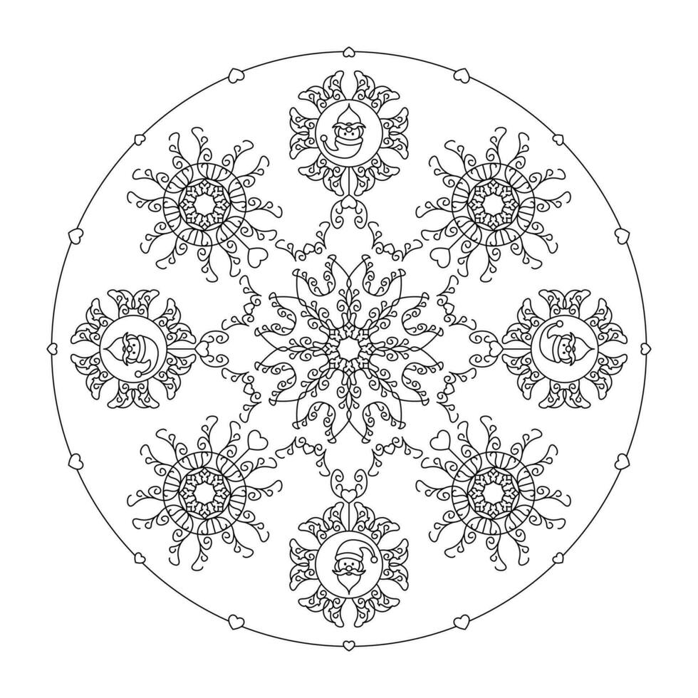 Noël mandala. Père Noël diriger, fantaisie flocons de neige et peu cœurs. Noël coloration page. vecteur