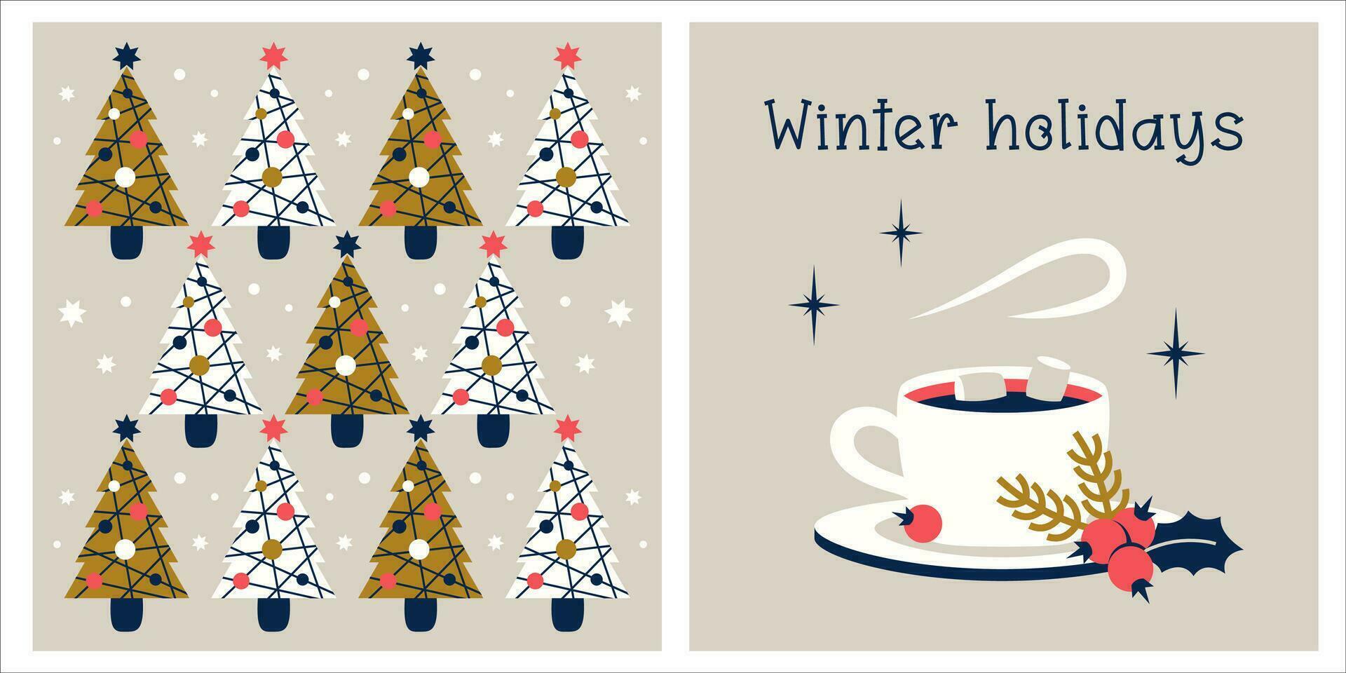 ensemble de Noël cartes.traditionnelles moderne Noël des arbres, chaud tasse de café, thé, cacao avec de fête décoration sur soucoupe. épicéa, houx et baies. vacances hiver ambiance. vecteur plat illustration